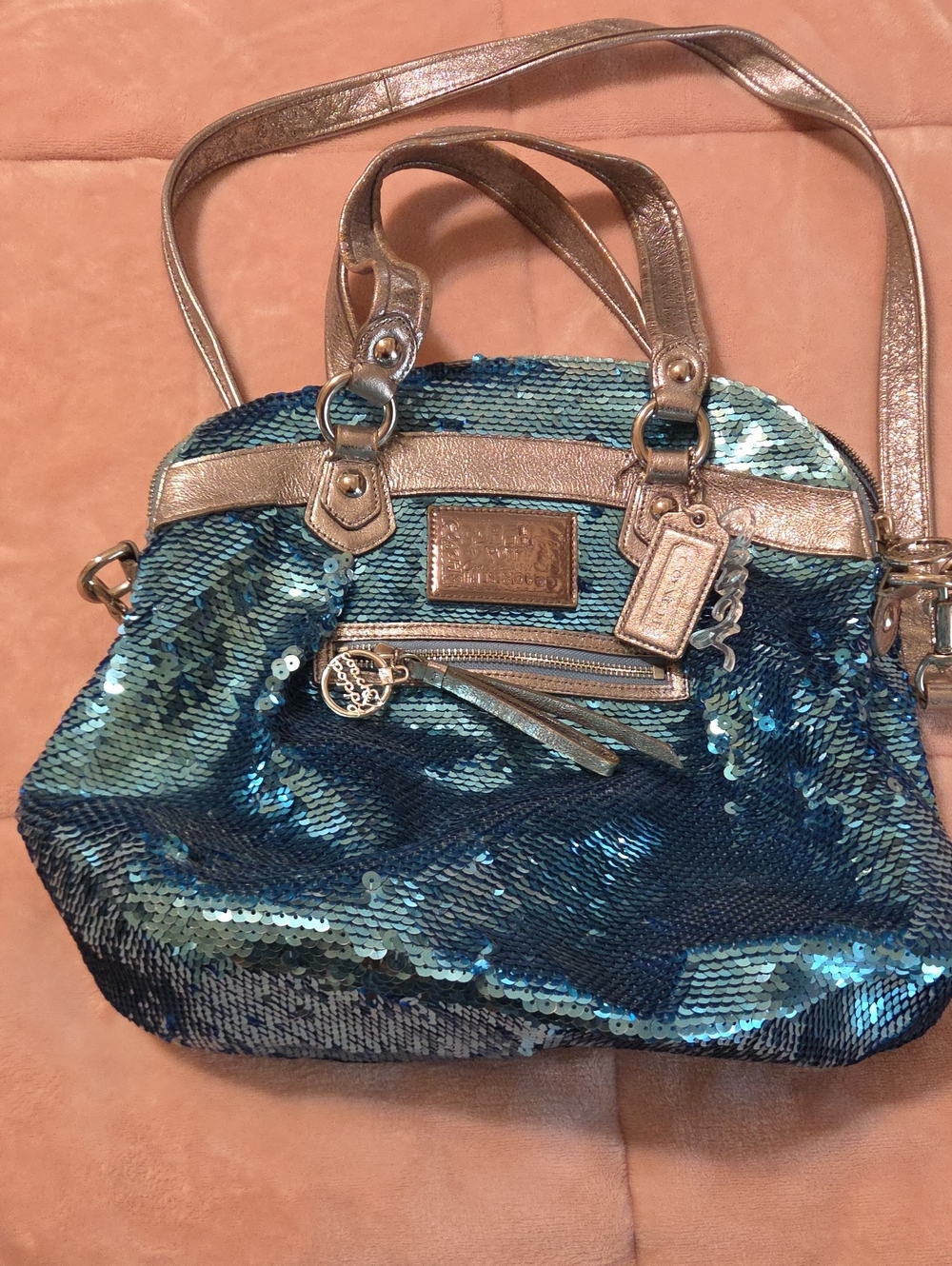 Vintage Coach Poppy Sequined Blue Shoulder Bag with Metallic Accents